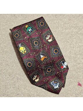 (H0033) Looney Tunes Mania 1993 Maroon Polyester Character Mens Tie